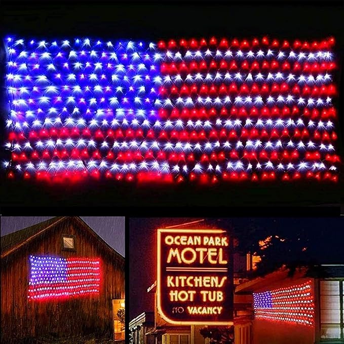 Solar American Flag LED Net Lights | 420 LEDs, 6.5×3.3 ft | Outdoor Patriotic Decor