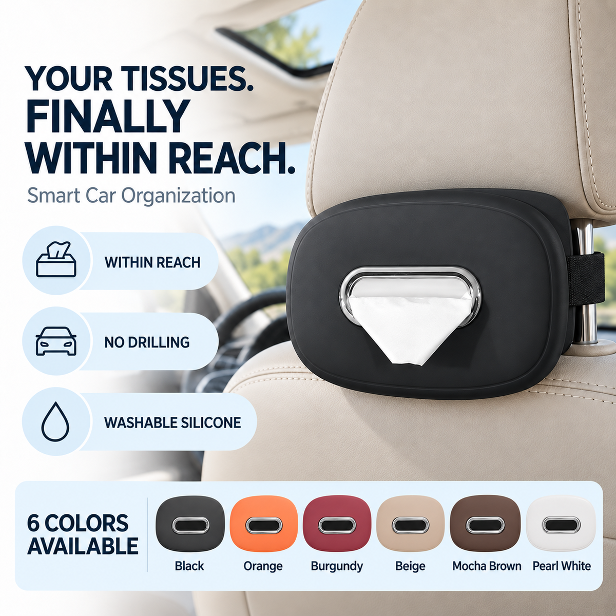 🚗 Keep Tissues Within Reach – Washable Silicone Car Headrest Tissue Holder