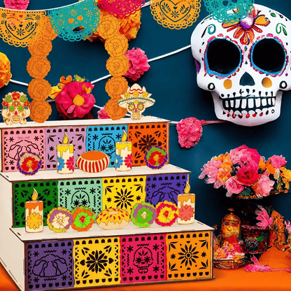 Day of the Dead Wooden Altar Display Set — 3-Tier Ofrenda Centerpiece (Buy 2, Free Shipping)