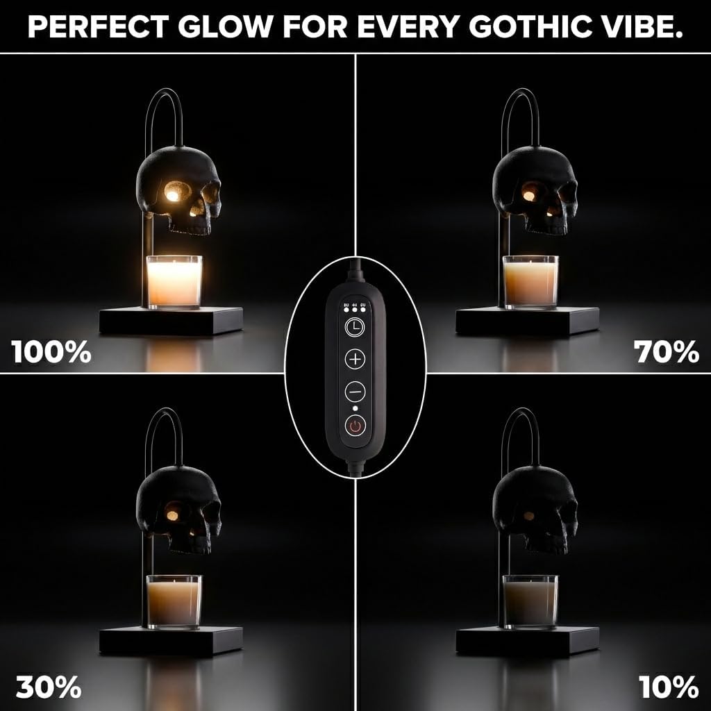 💀Skull Candle Warmer Lamp with Timer and Dimmer *Candles NOT Included – Black Gothic Candle Lamp Warmer w/Adjustable Height, 2 Light Bulbs