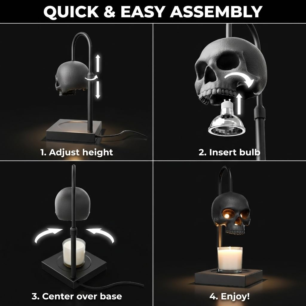 💀Skull Candle Warmer Lamp with Timer and Dimmer *Candles NOT Included – Black Gothic Candle Lamp Warmer w/Adjustable Height, 2 Light Bulbs