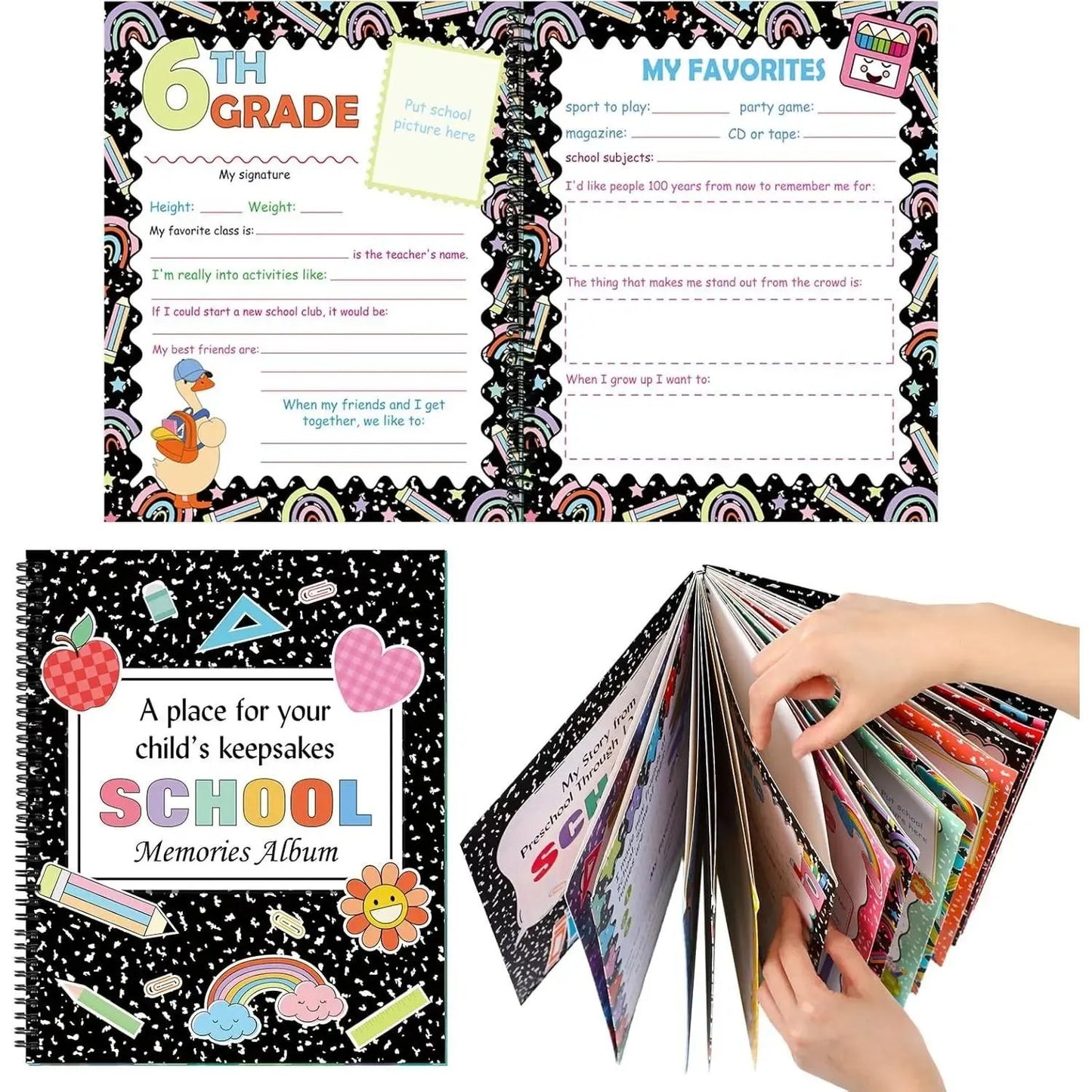 📚School Memory Book Photo Album for Kids,14 Pockets, 34 Pages, 13 Years