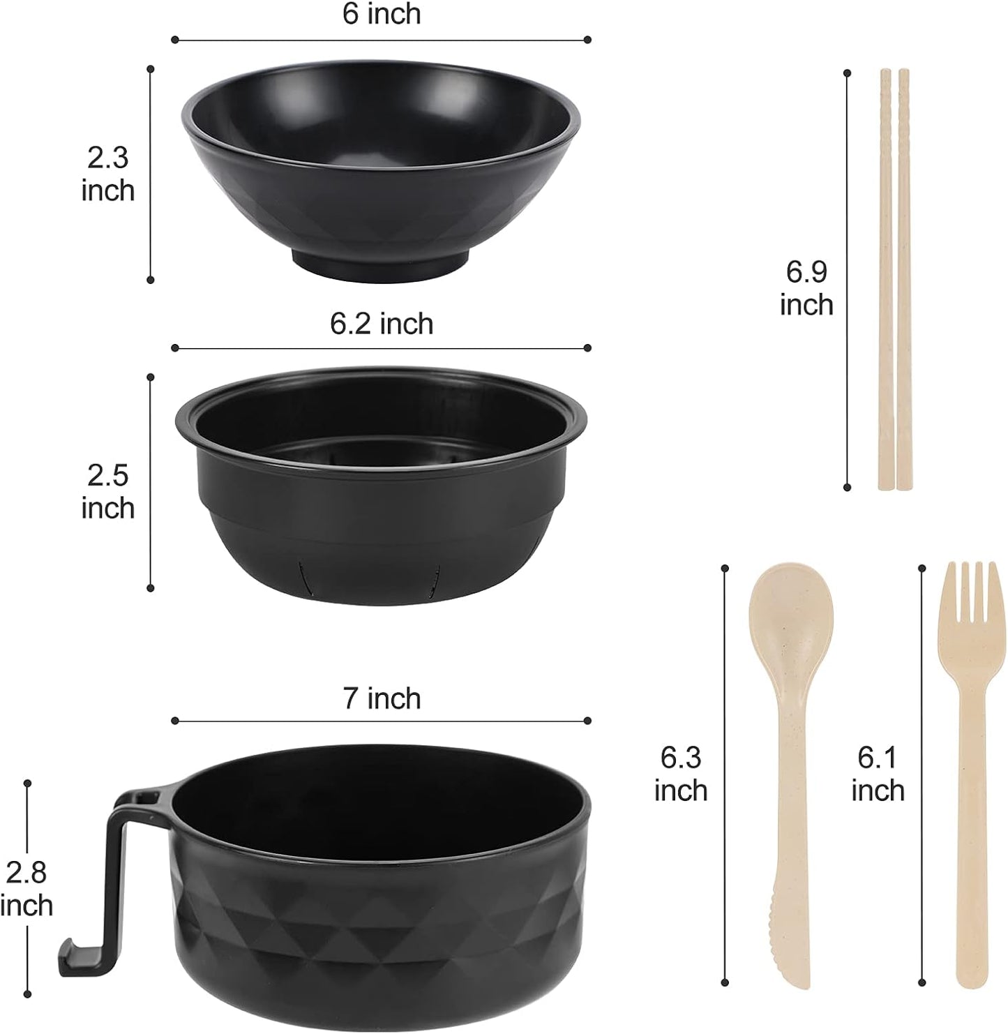 ✨ Stoneware-Inspired Diamond-Faceted Ramen Bowl Set | 40oz Microwave-Safe Ramen Maker with Built-in Drain & Utensils 🍜