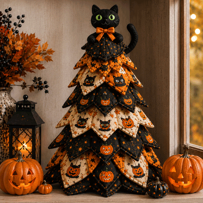 🎃✨ Lighted Halloween Quilted Fabric Tree – Cozy Handmade Glow Decoration