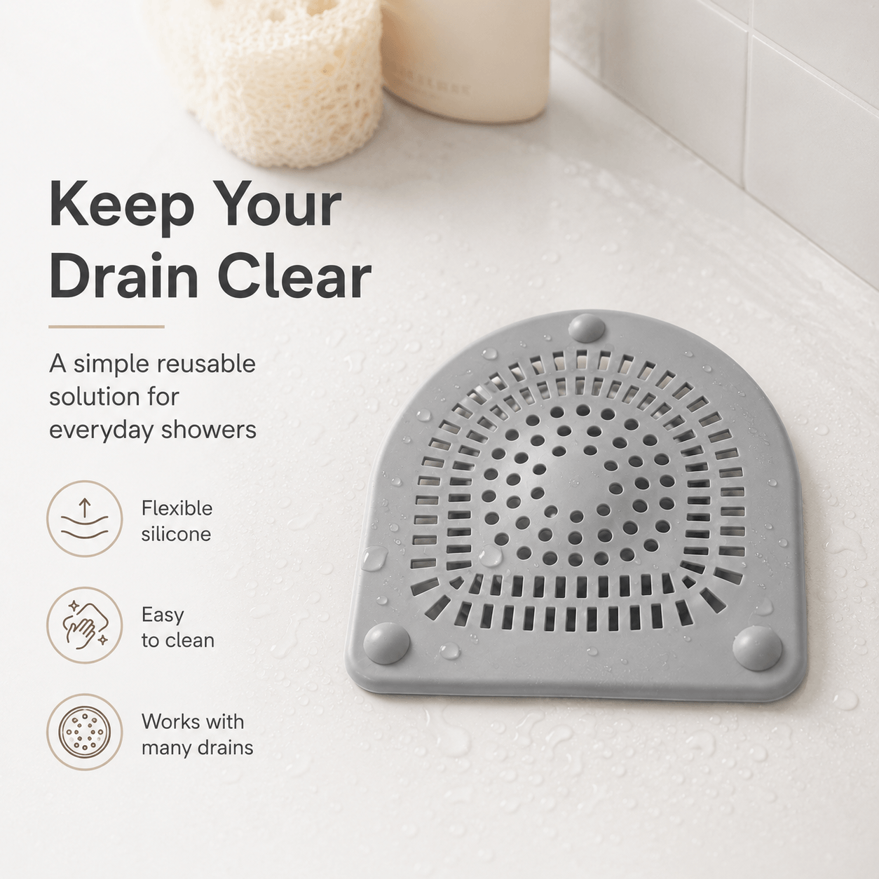Silicone Shower Drain Hair Catcher 6" Flexible Dome Cover with Suction Cups for Bathtub, Shower & Pop-Up Drains