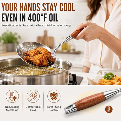 Stainless Steel Slotted Spoon with Wooden Handle – Pasta, Dumpling & Frying Skimmer