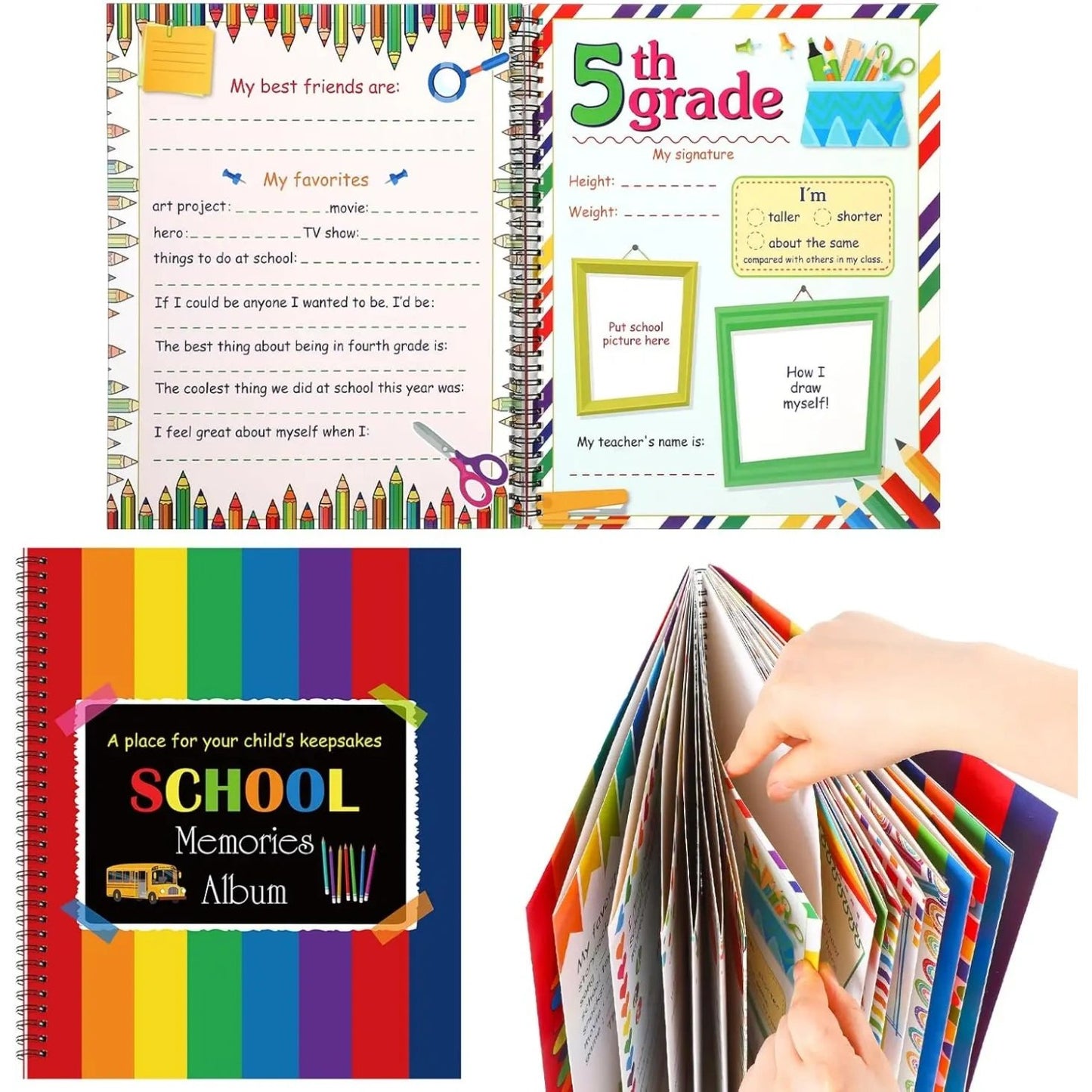 📚School Memory Book Photo Album for Kids,14 Pockets, 34 Pages, 13 Years