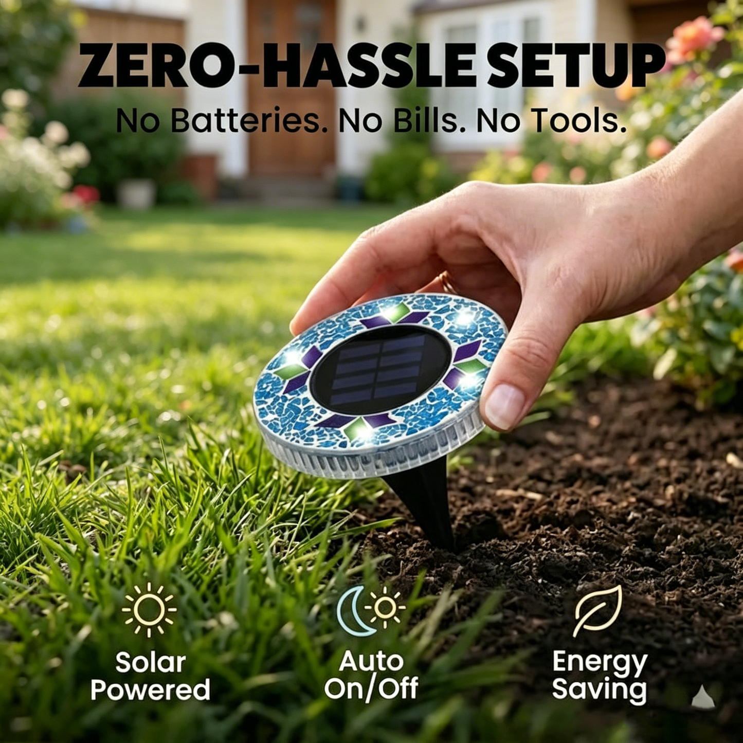 Solar Disk Lights – Handcrafted Mosaic Outdoor LED Waterproof In-Ground & Tabletop Wireless Lighting