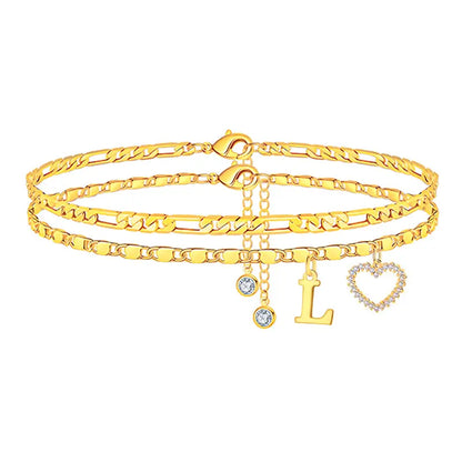 🎁 14k-Gold Plated-Double-Layer 26-Letter-Tone Chain Heart-Shaped Anklet with a heart-shaped pendant