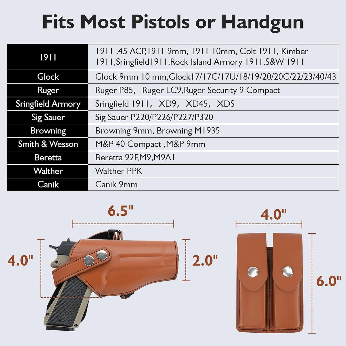 Genuine leather shoulder holster, adjustable pistol holster with double magazine pouch, compatible with various models including Glock 17/19, 1911, Taurus G2C/G3C, M&P 9, SIG P220/P226, and 92FS.