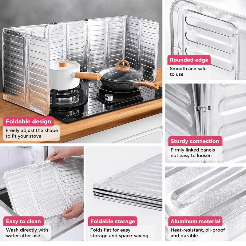 Foldable aluminum foil oil splash guard, heat-insulating and oil-proof baffle, suitable for cooking on household kitchen gas stoves, induction cookers and other cooking applications.