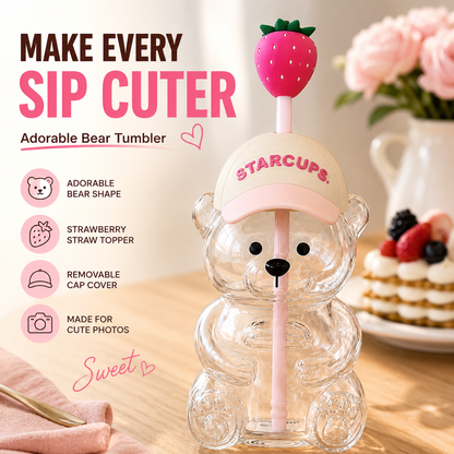 2026 New Cute Beaar Glass Tumbler with Bear Lid & Strawberry Straw, Holiday Teddy Bear Cup，20oz Reusable Aesthetic Teddy Bear Cup for Iced Coffee, Boba Milk Tea, Matcha, Juice, Smoothies & Cold Drinks, Dishwasher Safe