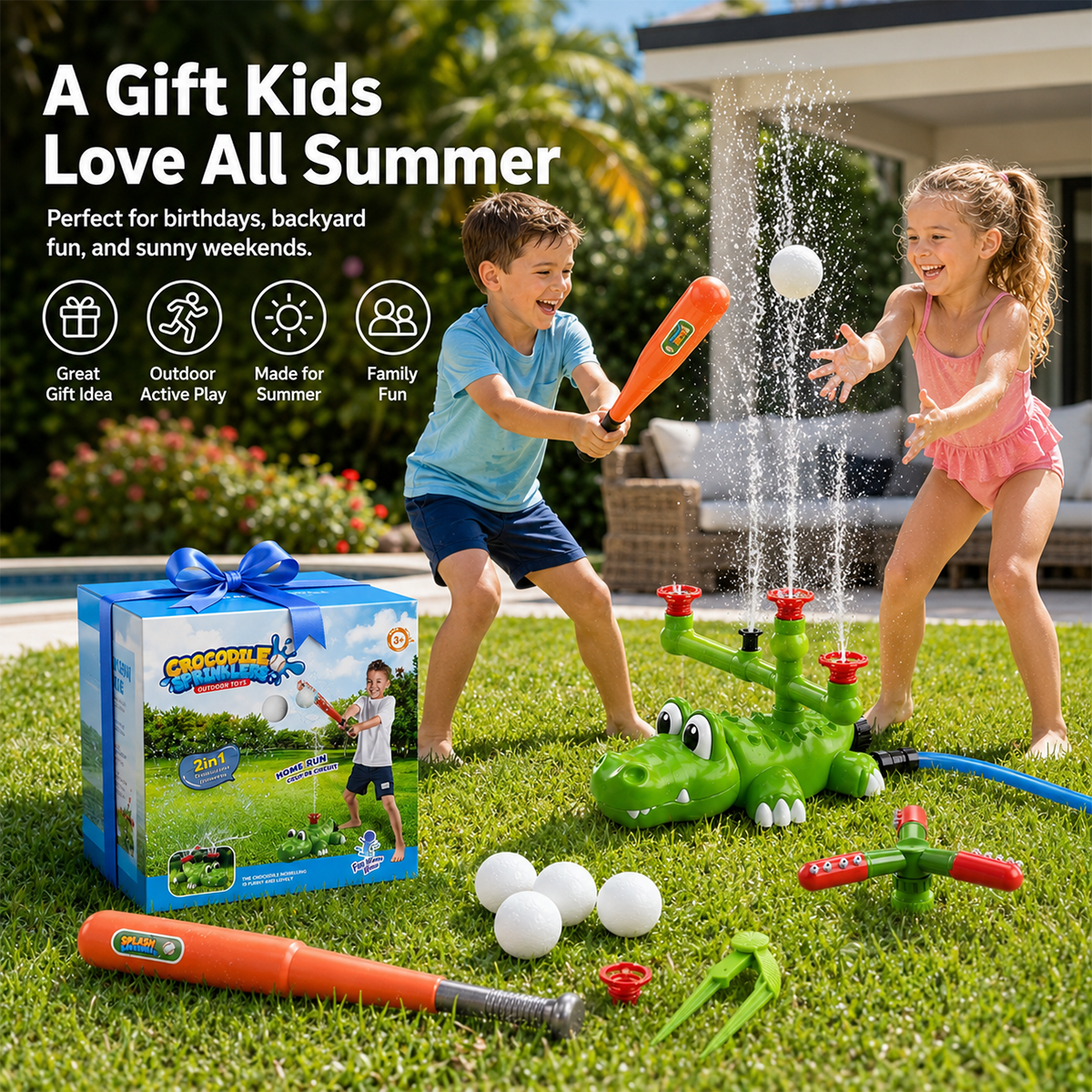 💦 4-in-1 Kids Crocodile Baseball Water Sprinkler T Ball Set & Water Ball Toy 💦