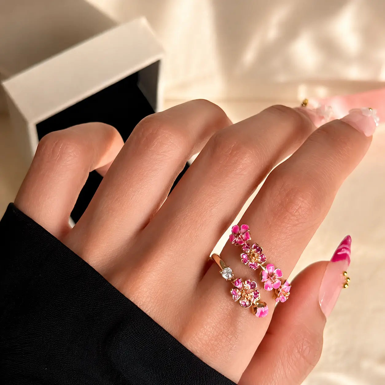 Adjustable Peach Blossom Ring for Women, Pink Floral Open Band Ring, 18K Gold Plated Cubic Zirconia Flower Jewelry Gift for Her