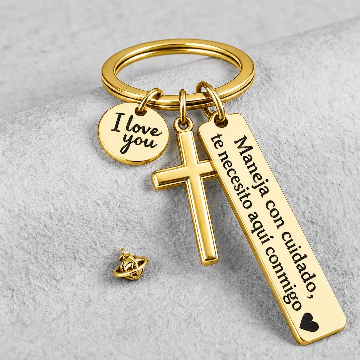 Keychain with Cross and "I Love You" Charm – Stainless Steel "Drive Safely" Ring (Spanish Inscription)