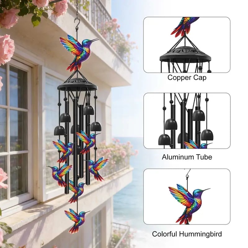 🔥🐦Vintage Colorful Hummingbird Wind Chime with Metal Tubes and Bells