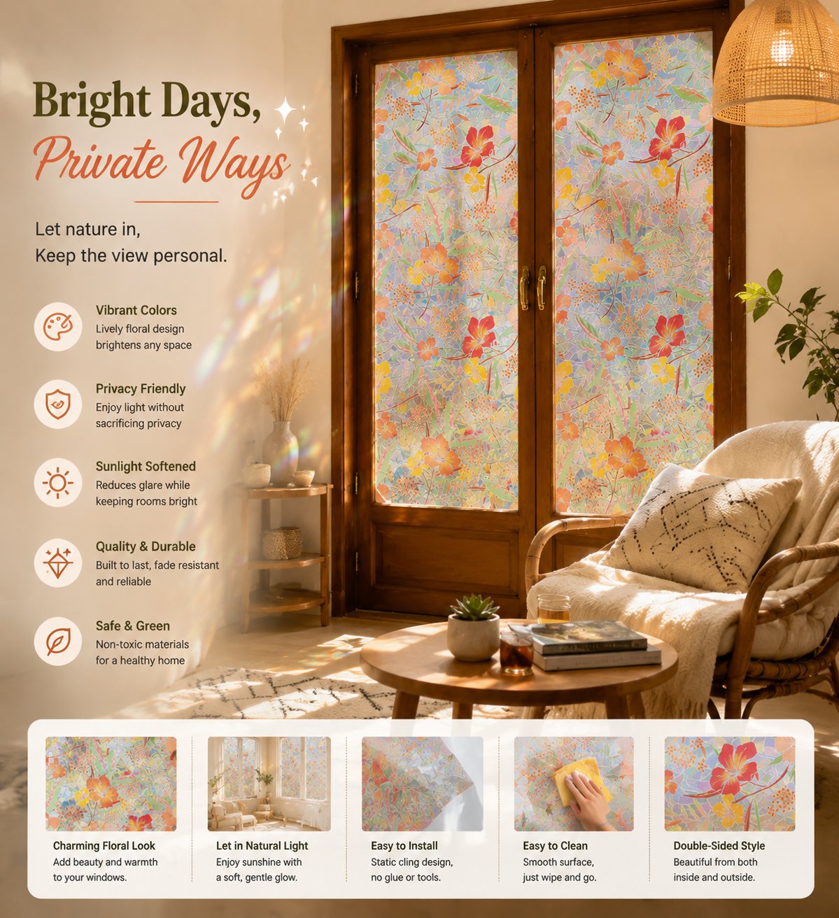 💐Colorful flowers, dazzling sunlight, double-sided visible glass decorative wall stickers