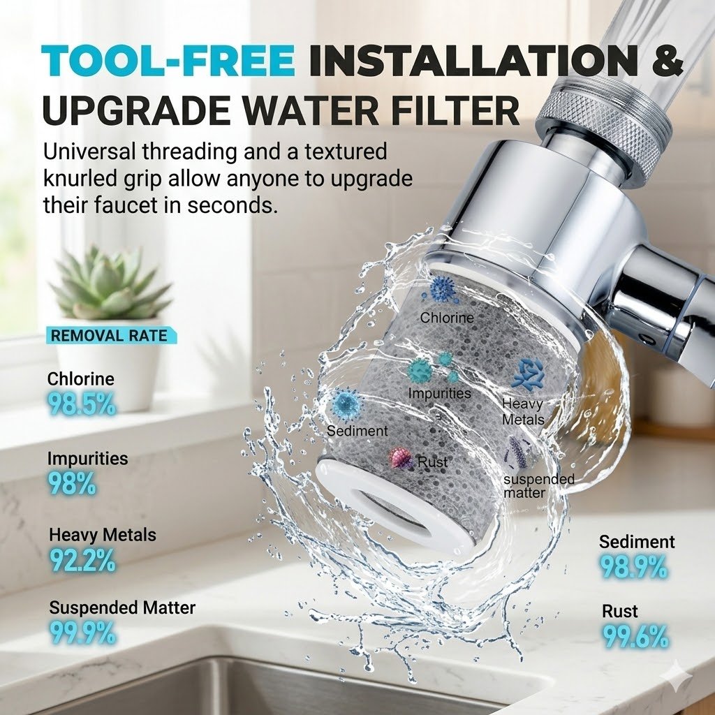 Rotating Faucet Aerator & Filter Set – 360° rotation, soft anti-splash stream, and transparent housing