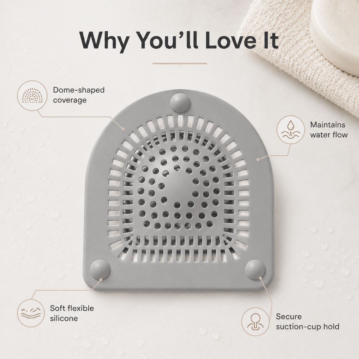 Silicone Shower Drain Hair Catcher 6" Flexible Dome Cover with Suction Cups for Bathtub, Shower & Pop-Up Drains
