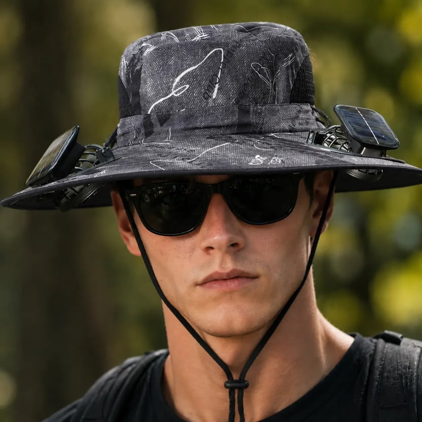 2026 New⚡Solar-Powered Outdoor Cooling Fan Hat – Wide Brim Sun Protection, Dual Fans, 3 Speeds, USB + Solar Charging, Unisex