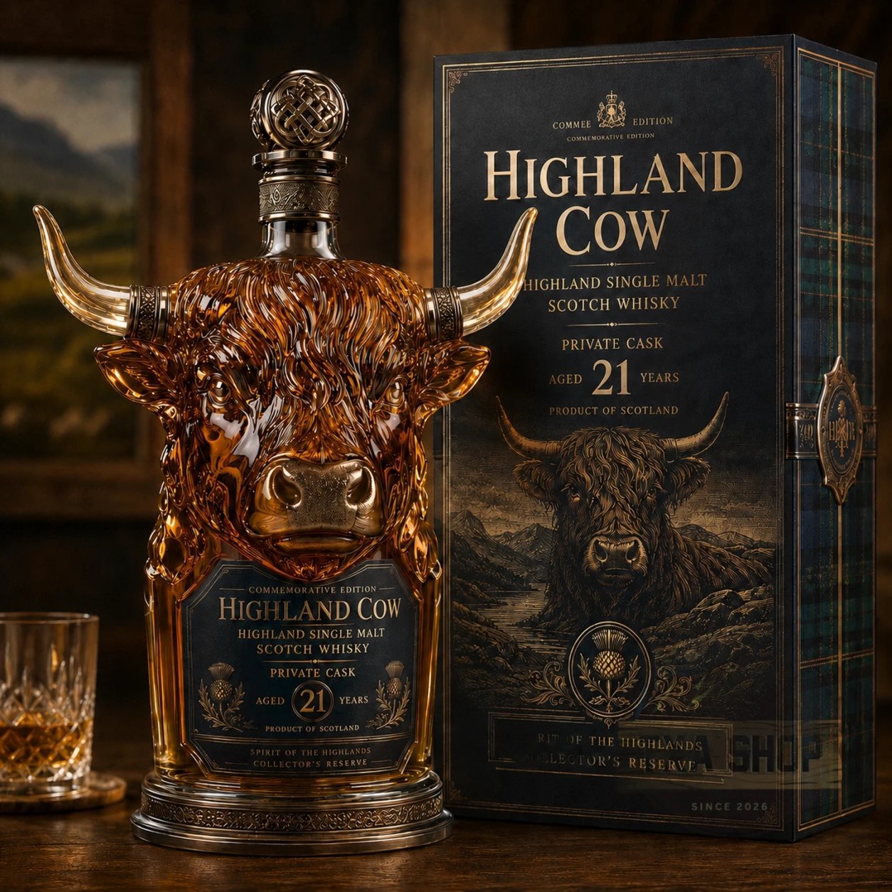 🐂Highland Cow Private Cask 21 Years Cow Head Shaped Scotch Whisky Bottle