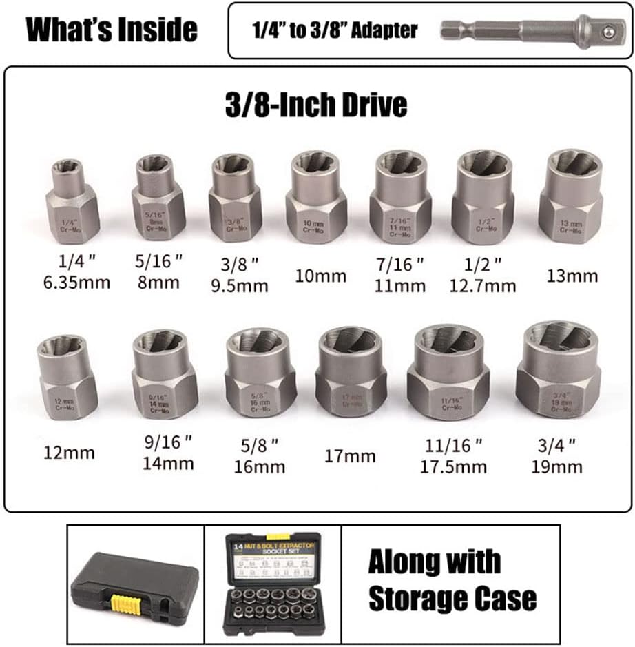 🛠️14-Piece Impact Bolt & Nut Remover Set, 3/8"Bolt Lug Nut Extractor Socket Tool Set