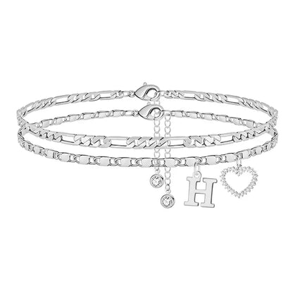 🎁 14k-Gold Plated-Double-Layer 26-Letter-Tone Chain Heart-Shaped Anklet with a heart-shaped pendant