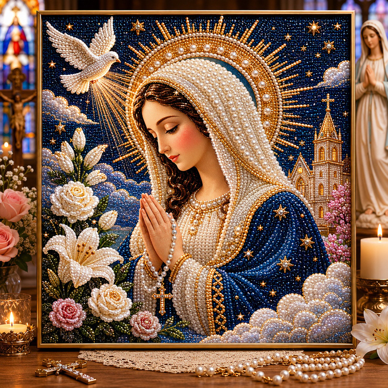 🔥HOT SALE🔥🙏 Divine Pearl Bead Virgin Mary Icon – A Peaceful DIY Faith Art Gift ✨
