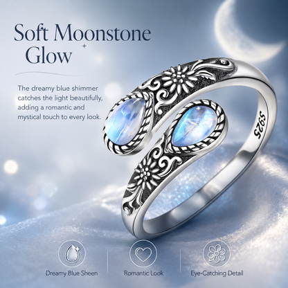 Moonstone Bloom Ring | Vintage Style • Adjustable Fit • Timeless Elegance