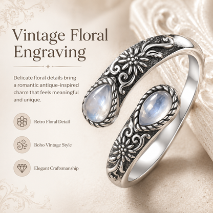 Moonstone Bloom Ring | Vintage Style • Adjustable Fit • Timeless Elegance