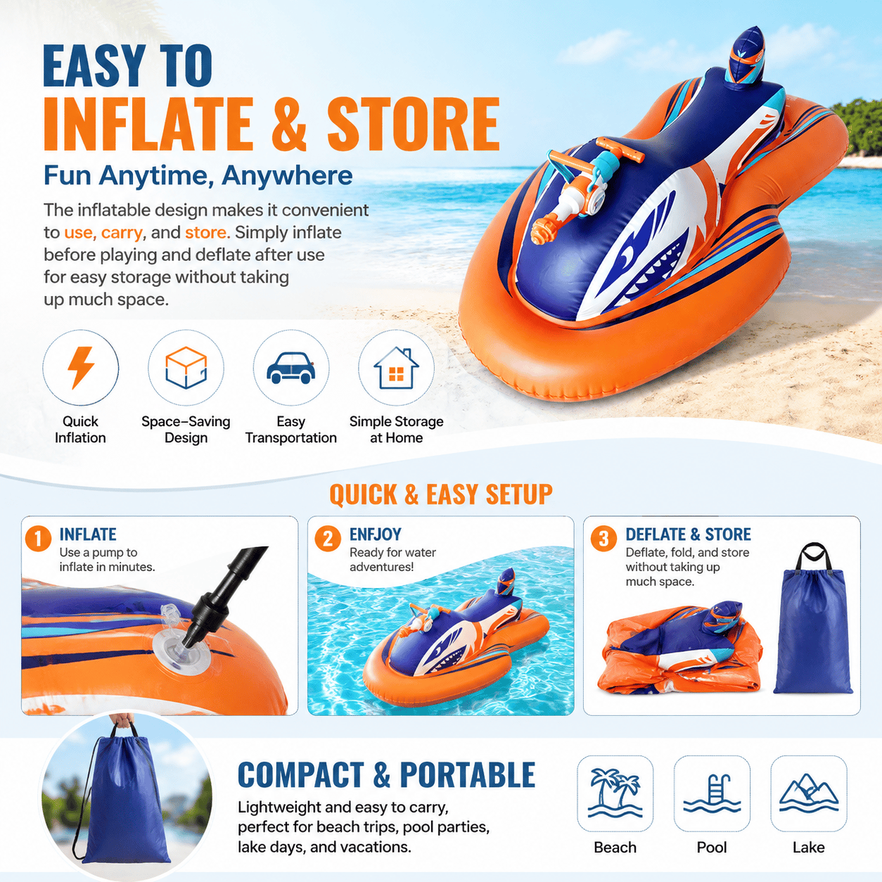 🌊 2-in-1 Shark Inflatable Jet Water Ski🚤 Built-in Water Gun