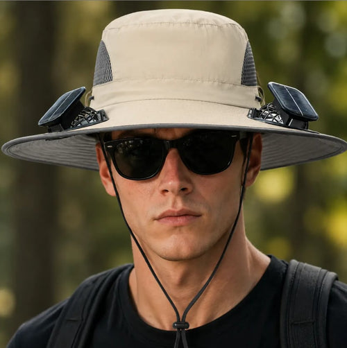 2026 New⚡Solar-Powered Outdoor Cooling Fan Hat – Wide Brim Sun Protection, Dual Fans, 3 Speeds, USB + Solar Charging, Unisex