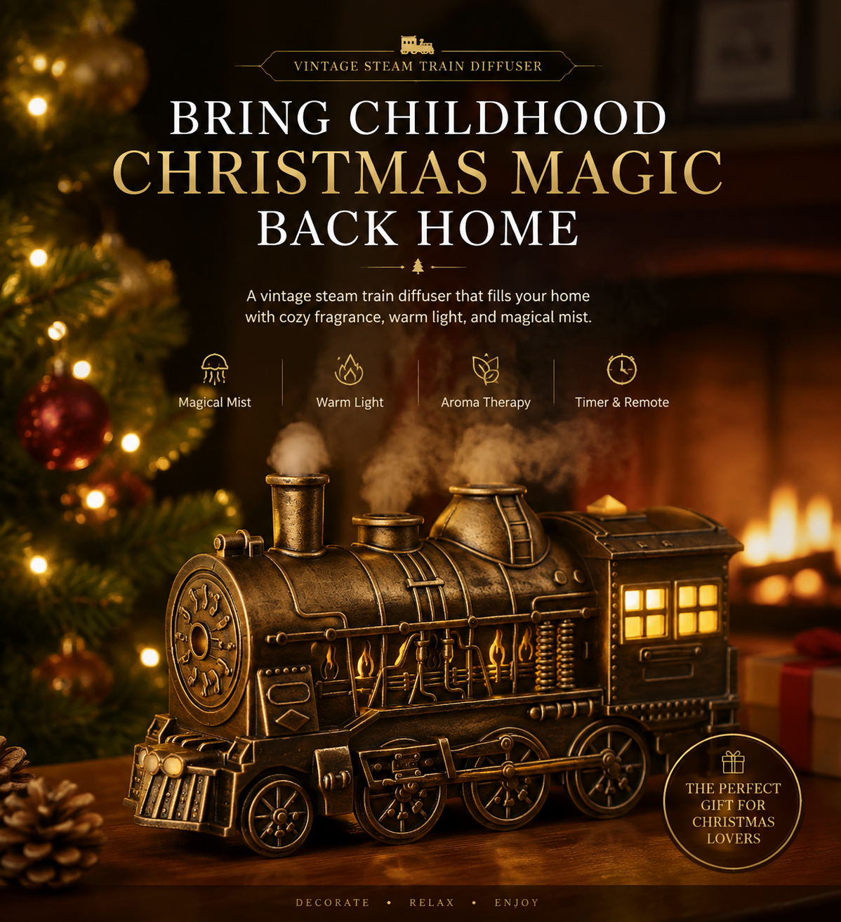 🎄 Christmas Magic Train Diffuser – Vintage Steam Train Aroma Humidifier with Cozy Mist & Ambient Light