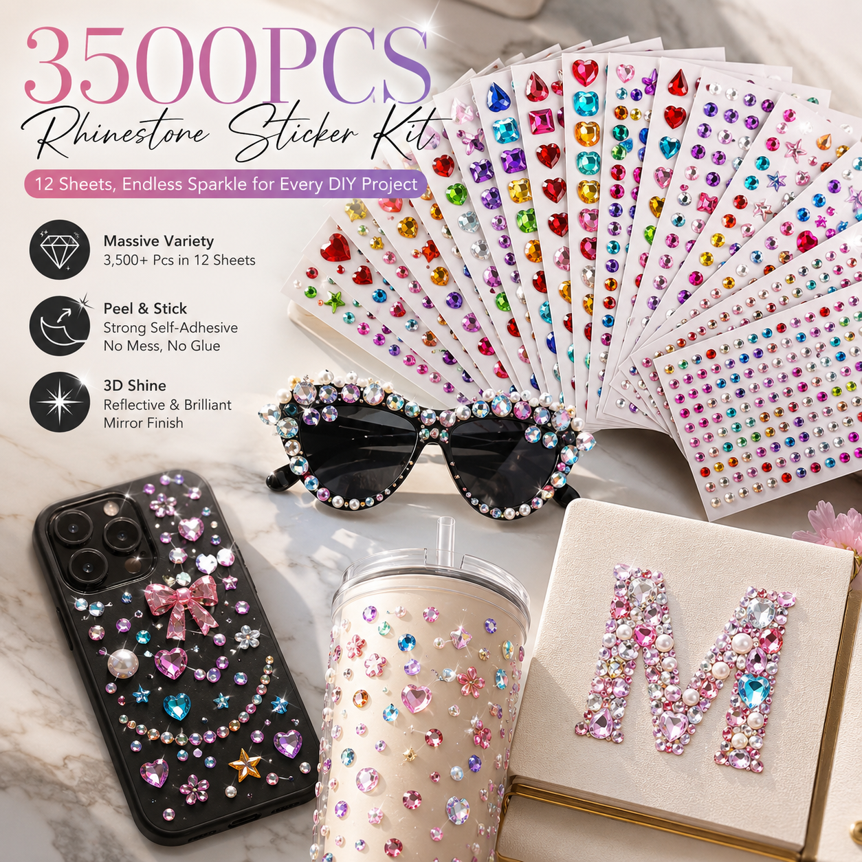 ✨ 3500Pcs Self-Adhesive Rhinestone Sticker Kit – 12 Sheets 3D Gem & Pearl Craft Stickers 💎