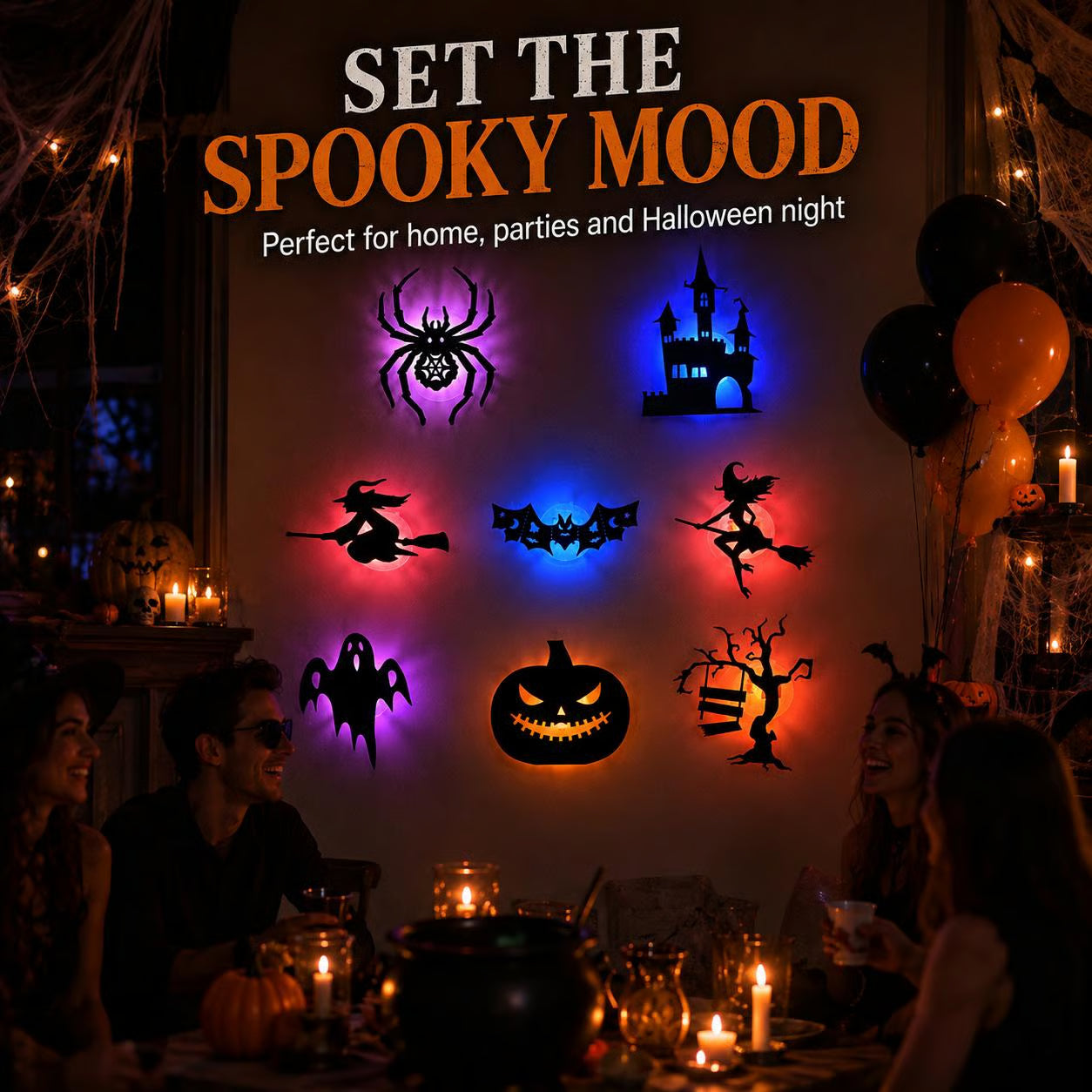 🔥Last Day 50% OFF - 🎃8 Pack Halloween LED Silhouette Wall Light Stickers, Battery Powered Peel & Stick Decor Lights