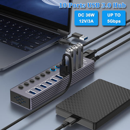 Powered 10-Port USB 3.0 Hub, USB C to 10 Ports USB Data Hub Splitter with Individual LED On/Off Switche, 3.3FT Cable, 12V/3A Power Adapter