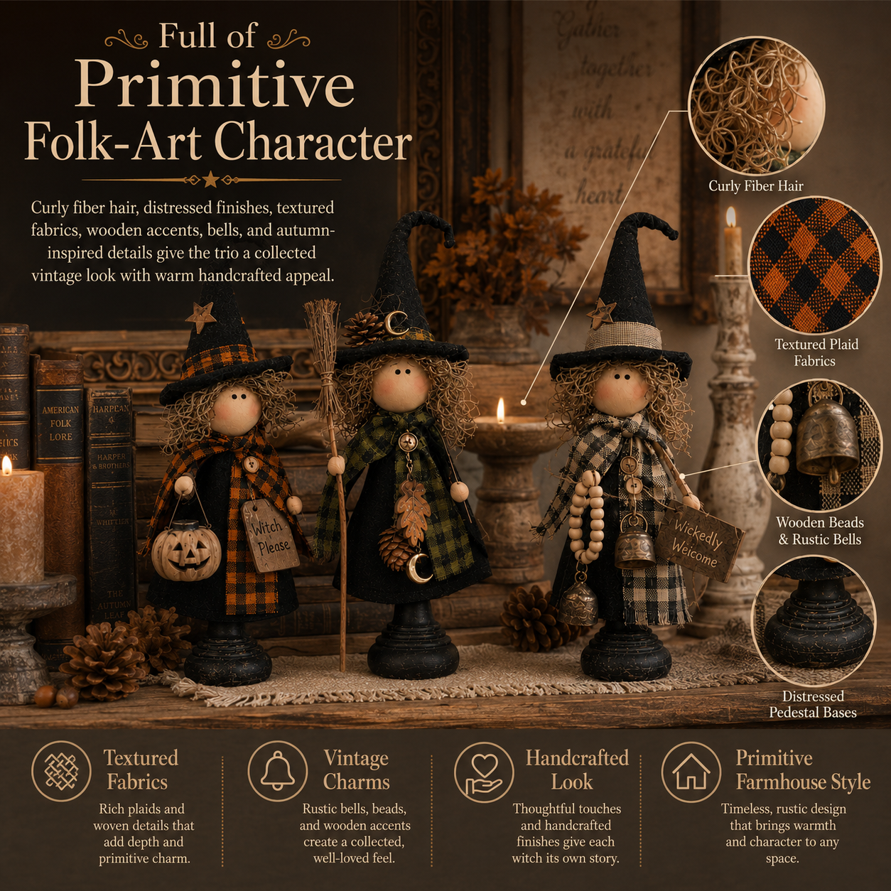 Rustic Halloween Witch Figurines, Set of 3 – Vintage Farmhouse Tabletop Decor