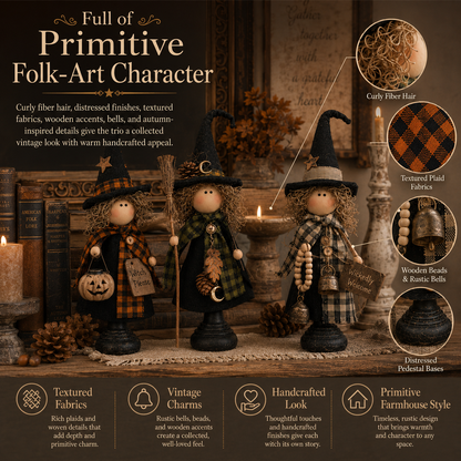 Rustic Halloween Witch Figurines, Set of 3 – Vintage Farmhouse Tabletop Decor