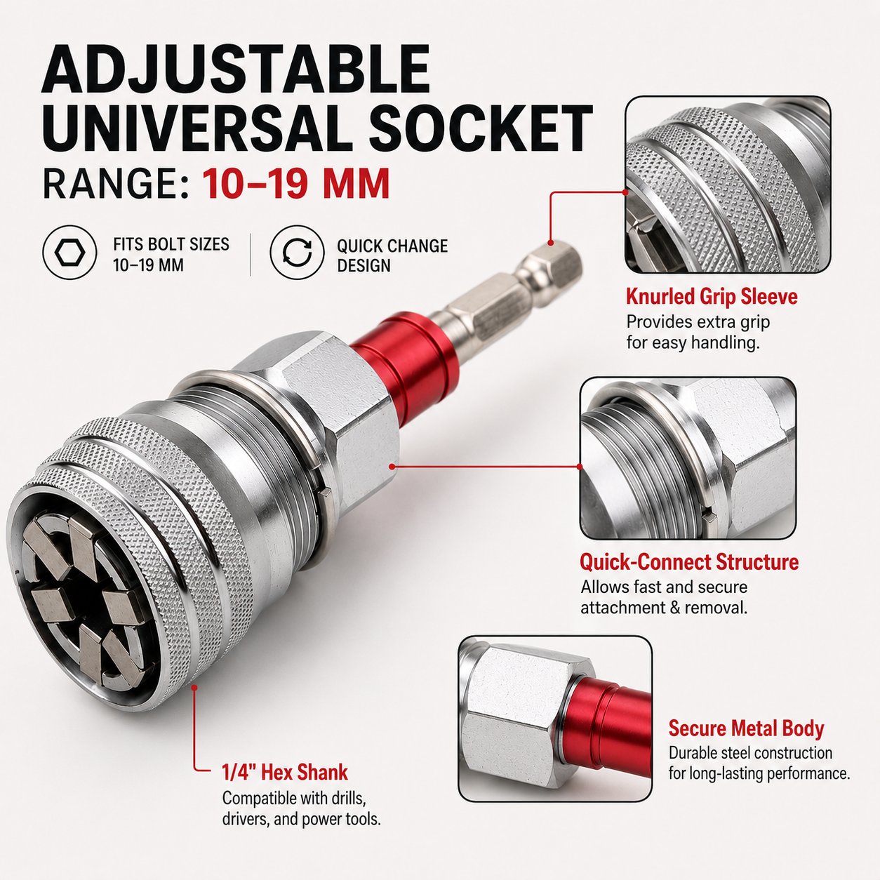 🔧 One Socket Replaces Them All — Fits 10–19mm Bolts & Nuts in Seconds