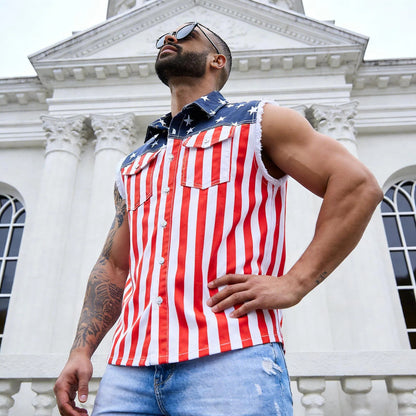 ⚡Hot Sales 49% OFF🔥Men's American Flag Denim Vest - 4th of July Patriotic Casual Sleeveless Jacket
