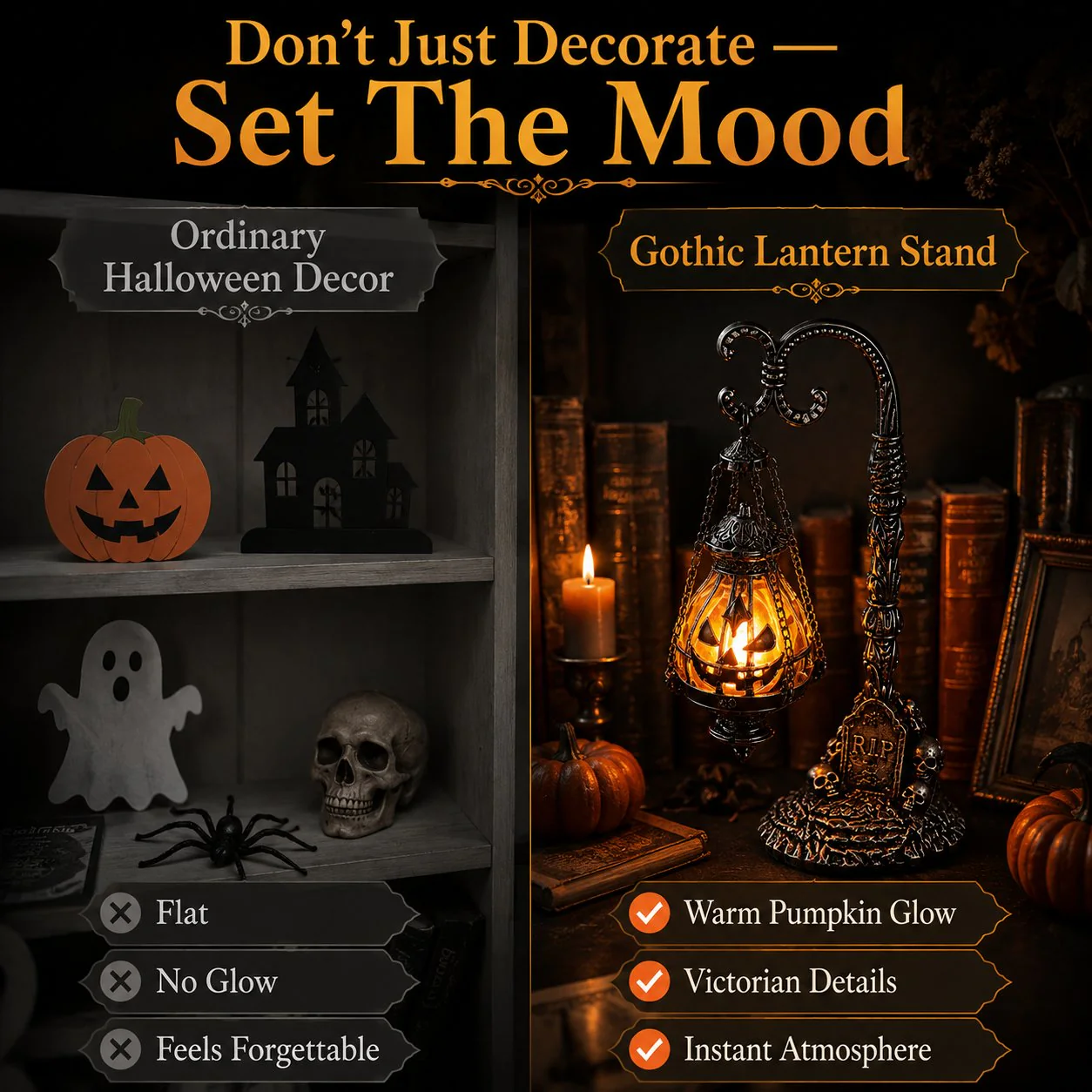 🔥Halloween Early Bird Sale🎃 Gothic Pumpkin Lantern Stand | Warm Orange LED Glow, Victorian Skull Details & Haunted Shelf Decor 🕯️