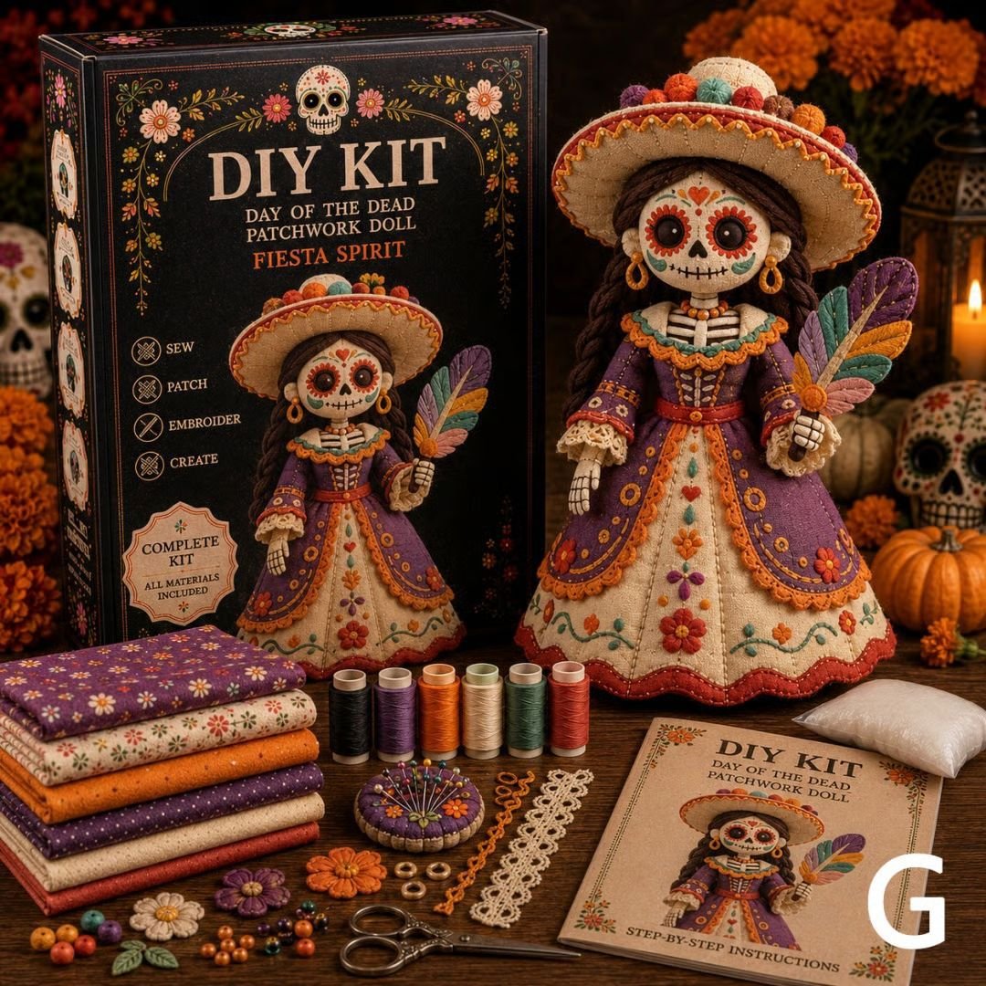 🎃 Day of the Dead Patchwork Doll DIY Sewing Kit – Handmade Fabric Doll Making Kit with Floral Details