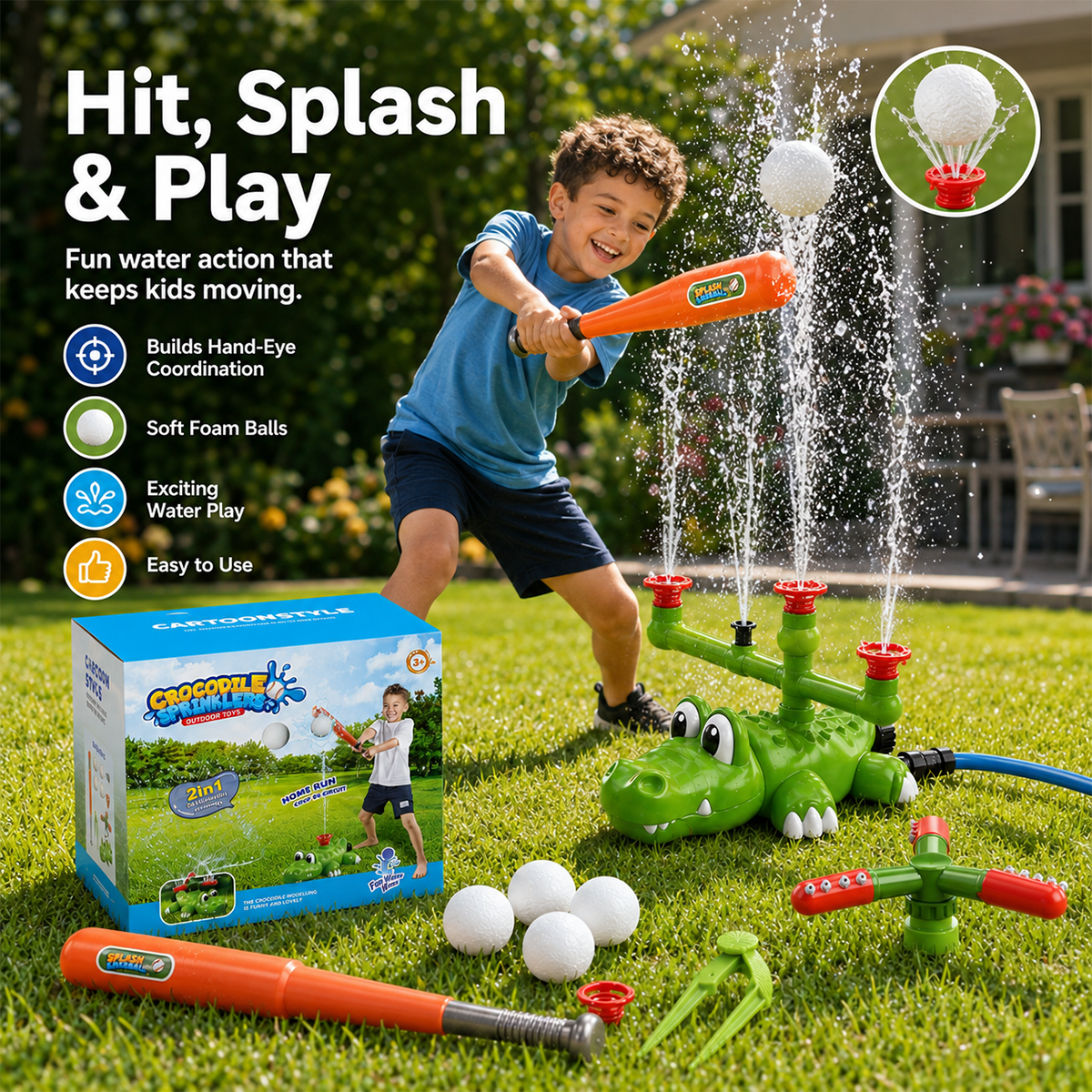💦 4-in-1 Kids Crocodile Baseball Water Sprinkler T Ball Set & Water Ball Toy 💦