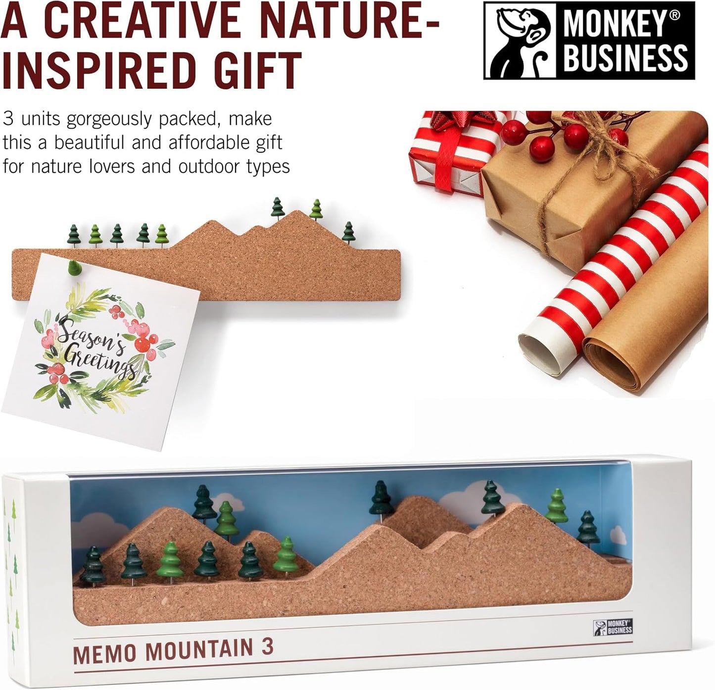 Memo Mountain 3 Cork Board Strips - Corkboard Pin Boards with Mountain Scene Pushpins, Office Accessories, Cute Cork Boards for Walls