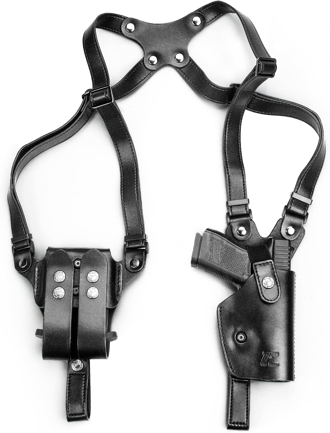 Genuine leather shoulder holster, adjustable pistol holster with double magazine pouch, compatible with various models including Glock 17/19, 1911, Taurus G2C/G3C, M&P 9, SIG P220/P226, and 92FS.