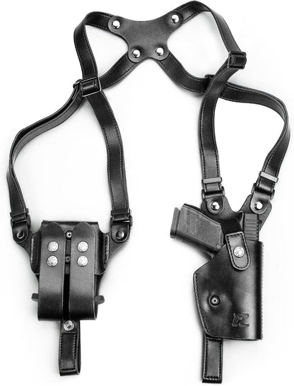 Genuine leather shoulder holster, adjustable pistol holster with double magazine pouch, compatible with various models including Glock 17/19, 1911, Taurus G2C/G3C, M&P 9, SIG P220/P226, and 92FS.