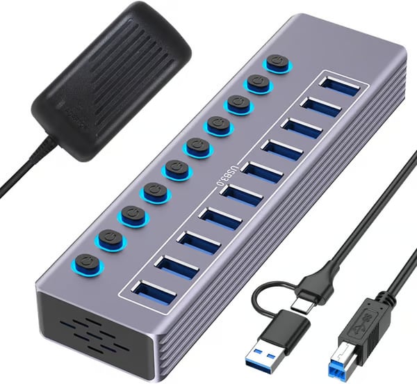 Powered 10-Port USB 3.0 Hub, USB C to 10 Ports USB Data Hub Splitter with Individual LED On/Off Switche, 3.3FT Cable, 12V/3A Power Adapter