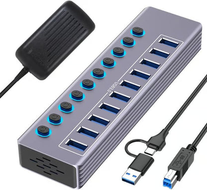 Powered 10-Port USB 3.0 Hub, USB C to 10 Ports USB Data Hub Splitter with Individual LED On/Off Switche, 3.3FT Cable, 12V/3A Power Adapter
