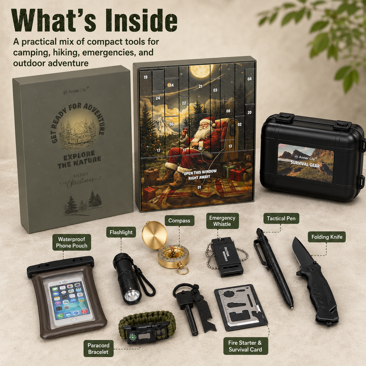 Outdoor survival Advent calendar gear examples