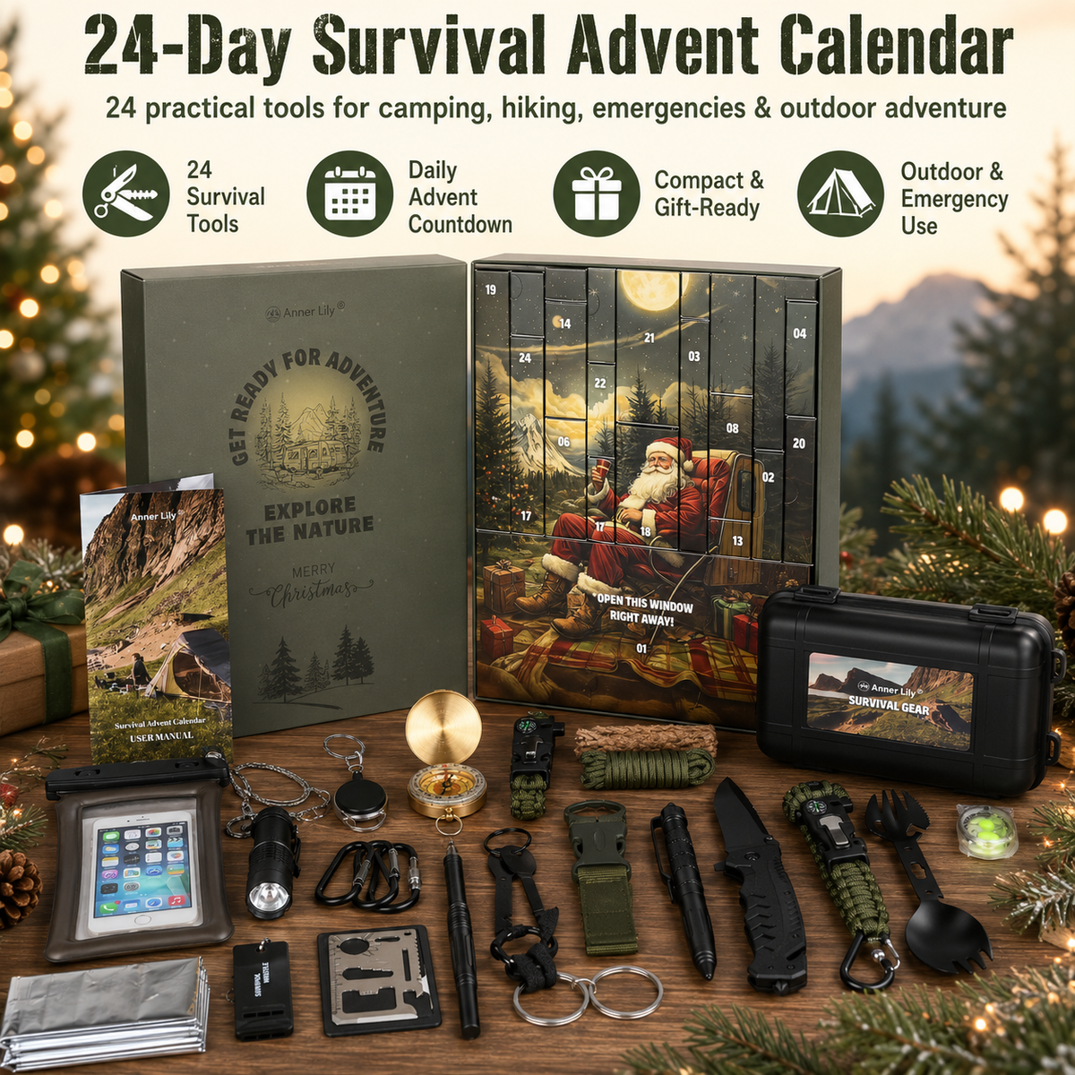24 piece outdoor survival Christmas advent calendar set with carrying case